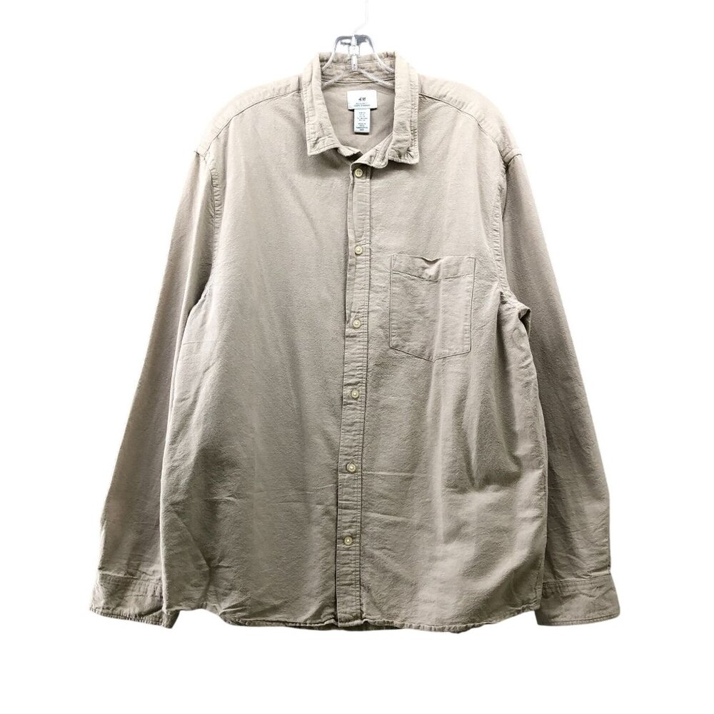 H&M Long Sleeve Shirt Mens XL Beige Cotton Pocket Front Button Down Regular Fit